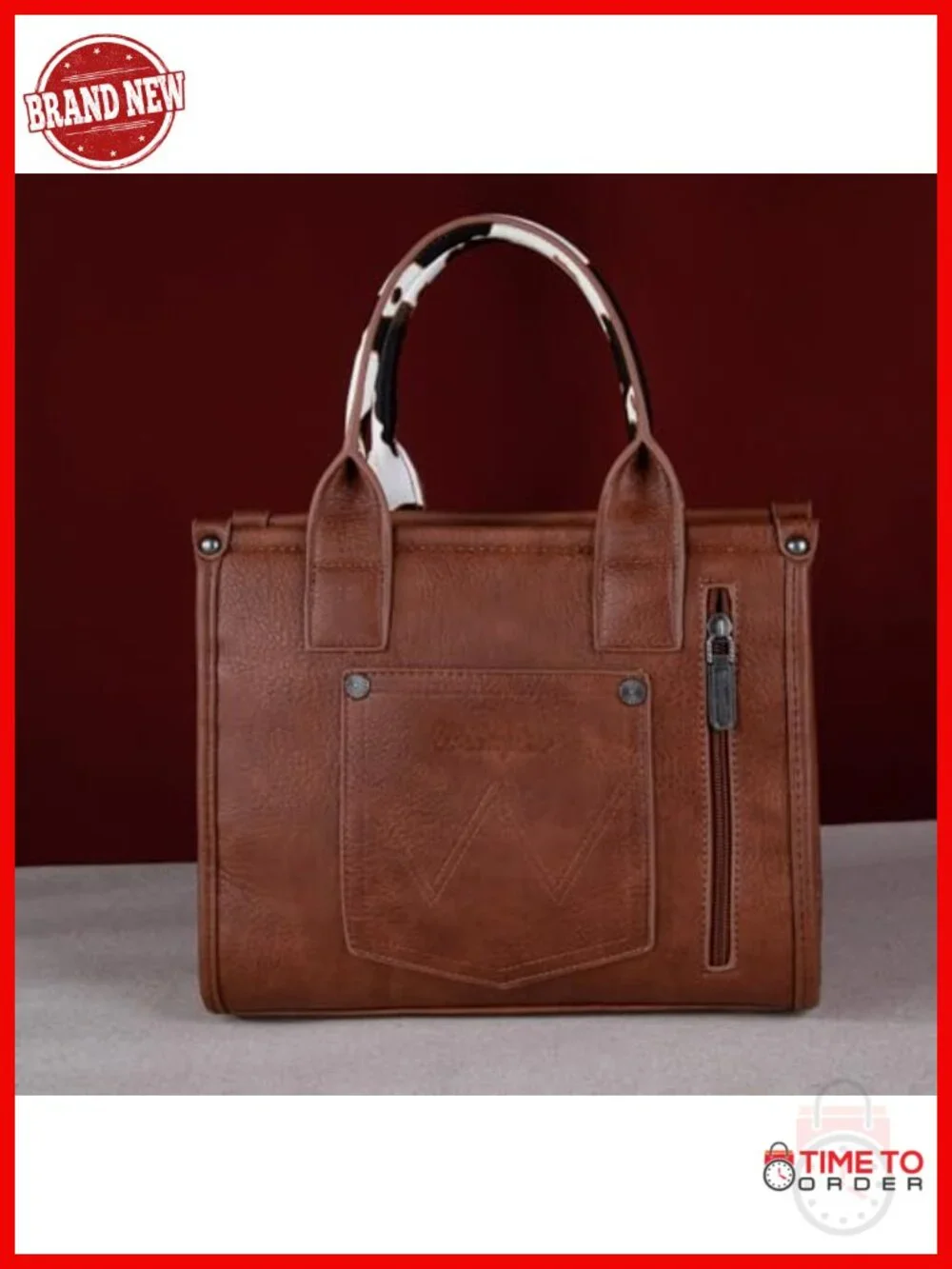 Vegan Leather Cow Print Tote Bag with Whipstitch Design - Wrangler Top Handle